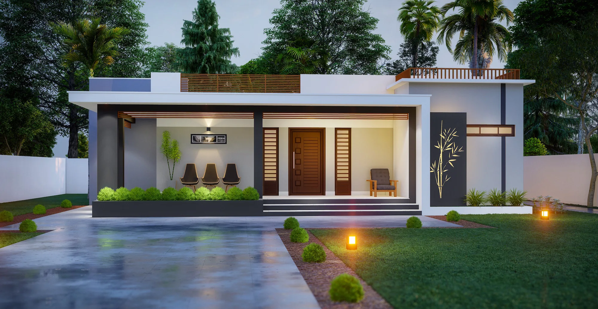 Wide concrete driveway servicing a large modern home
