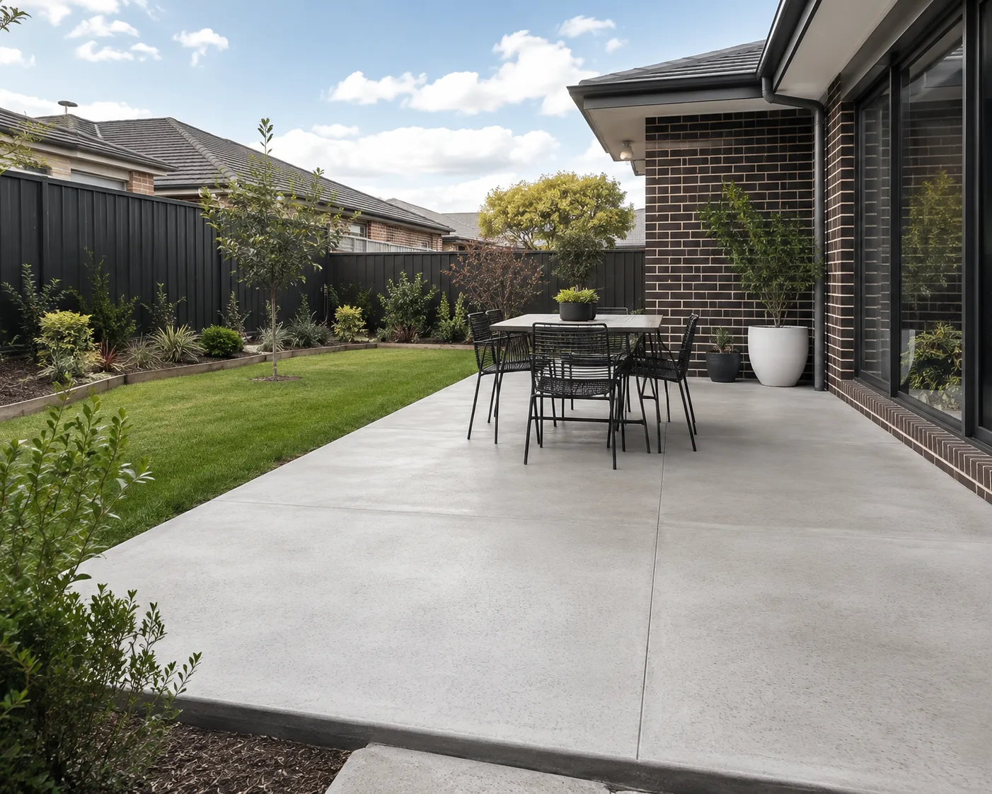 Concrete patio with pergola and outdoor dining setting