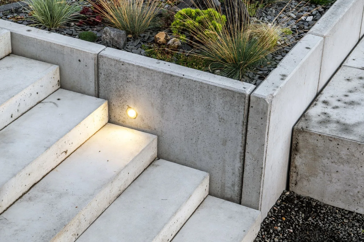 Concrete stairway with a curved retaining wall