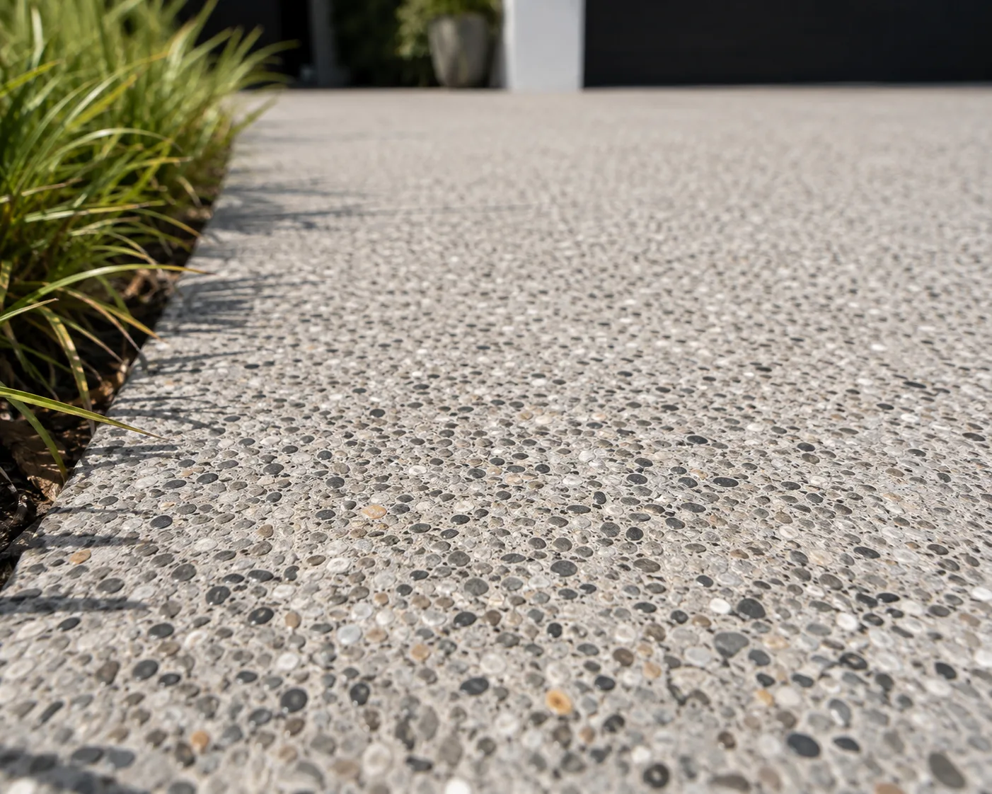 Exposed aggregate concrete finish outside a garage